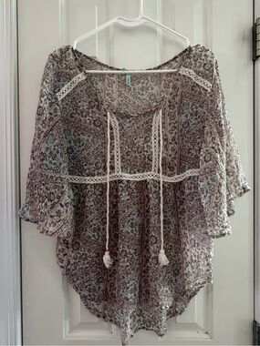 Brown Floral Boho Peasant Blouse